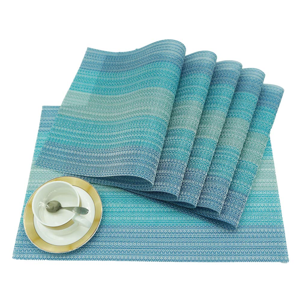 yara home décor Placemats Washable Blue Glitter PVC Fabric Woven Set of 6 Large Kitchen Dining Table Dinner Place Mats, Heat Insulation 45 x 30cm (Blue)