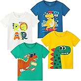 Poroka 4 Pack Toddler Boys Short Sleeve T-Shirts Crewneck Tee Shirts Cotton Cartoon Graphic Tops Tees Excavator Dinos Animal