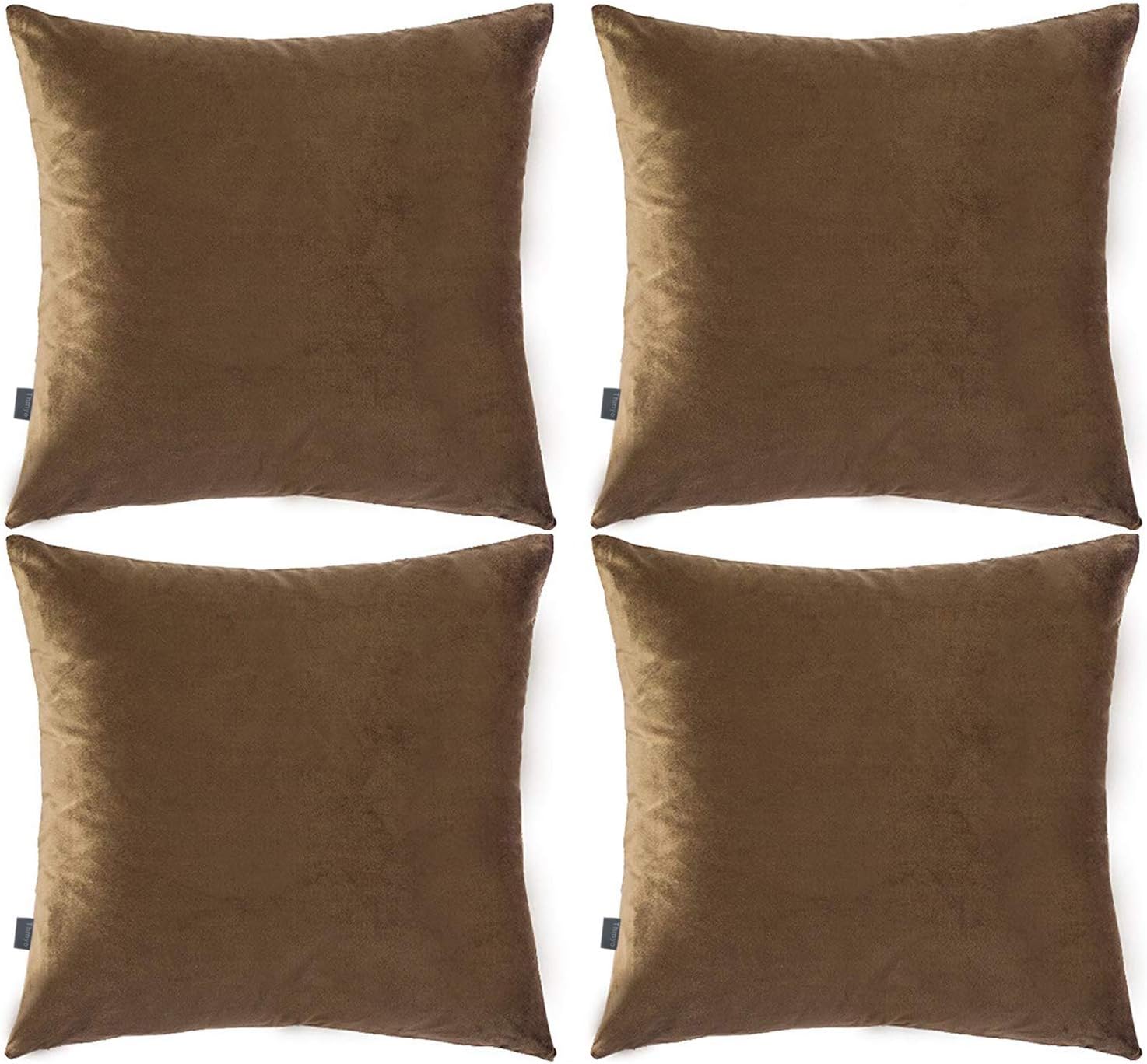 4 Pack Soft Velvet Cushion Covers,Comfortable Decorative Square Throw Pillow Covers for Sofa Bedroom Couch 18 x 18 Inch 45 x 45 cm(Cover Only,No Insert) (Khaki)
