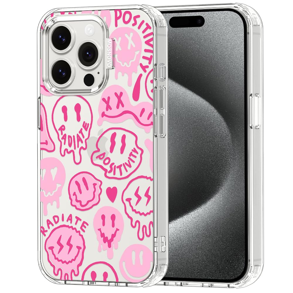 MOSNOVO Case for iPhone 15 Pro, [Buffertech 6.6ft Military-Grade Drop Protection] [Anti Peel Off Tech] Clear TPU Bumper Phone Case Cover Design - Pink Dripping Smiles Positivity Radiate Face — image 1