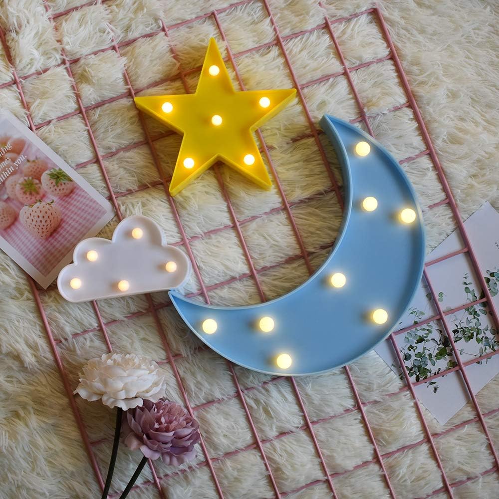 buywin Moon Star Cloud Light Set Mini Plastic Children Night Light Warm Shine Battery Operated LED Table Lamps Moon Star Cloud Shaped Curtoon Lights for Kids Bedroom Nursery - Image 3