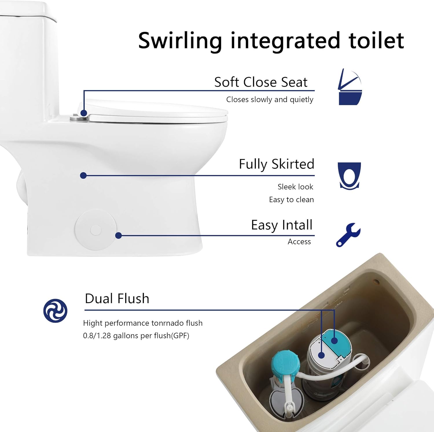 DeerValley DV-1F52816 Dual-Flush Elongated One-Piece Toilet, Soft Closing Seat Included, High-Efficiency, Comfort-Height, WaterSense, Cotton White - - 