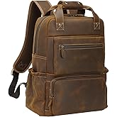 TIDING Brown Leather Laptop Backpack for Men, Vintage Business Casual Daypack Fits 15.6" 16" Computer, Large Weekender Travel Back Pack