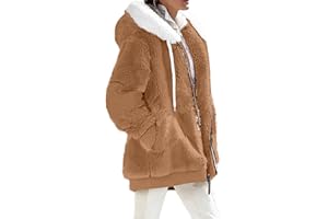 LAYHTKTL Womens Winter Coats Fuzzy Fleece Jacket Hooded Color Block Patchwork Cardigan Coat Warm Outerwear With Pocket