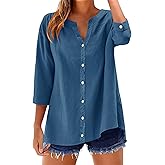 LOMON Womens 3/4 Sleeve Button Down Shirts Cotton Linen Roll Up Short Sleeve Tops V Neck Casual Loose Fit Blouses