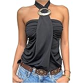 Milumia Women's Ruched Backless Halter Top Metal Sleeveless Going Out Tank Tops Clubwear