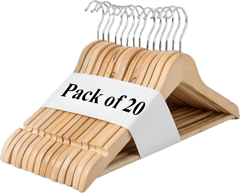 REQUISITE NEEDS Wooden Coat Hangers 20 Pack 360° Rotating Hook Non Slip Notches