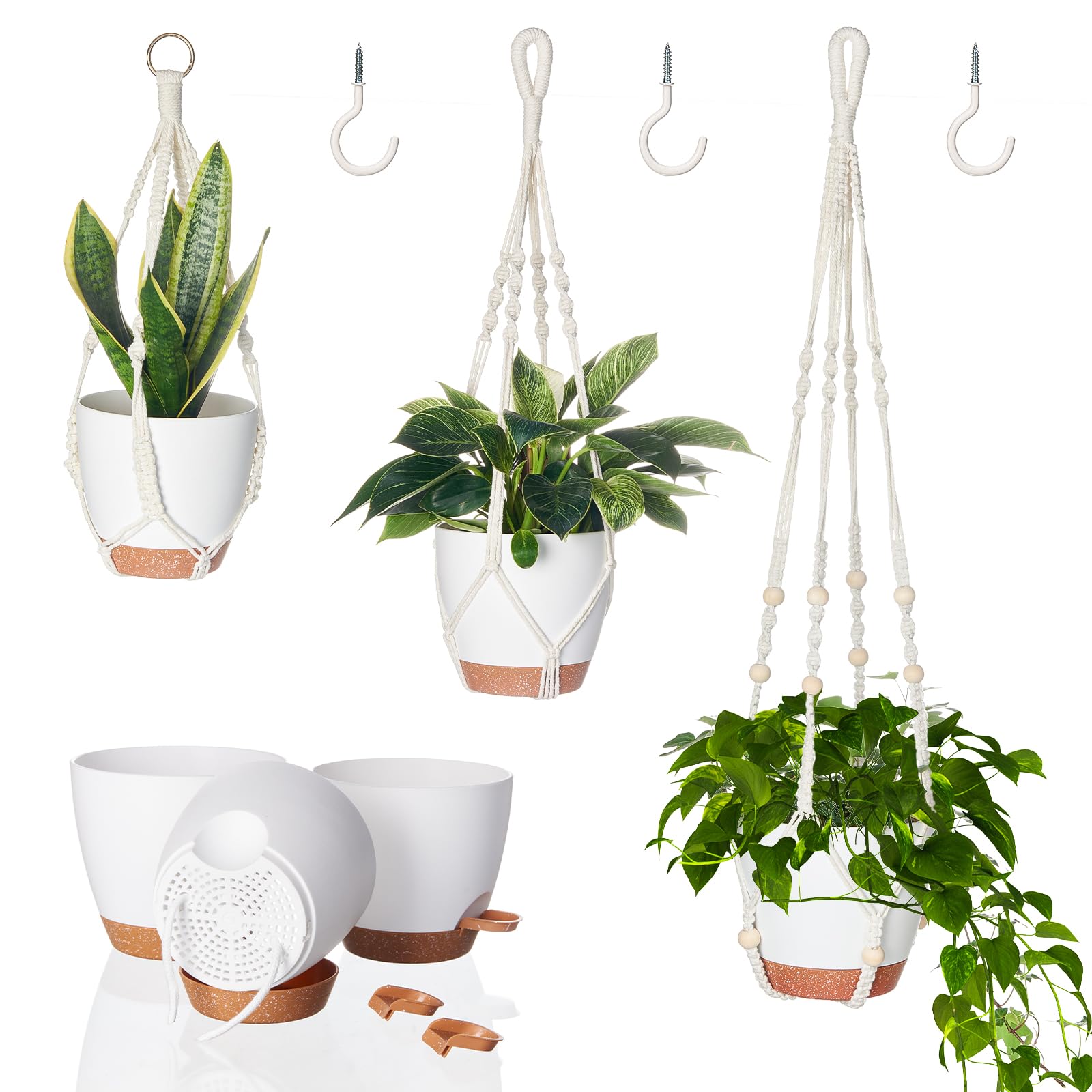 Bamworld 3 Pack Hanging Plant Pots, Macrame Plant Hangers Indoor Outdoor Plants, 3 Set Self Watering Flower Pots Holder for Home Garden Balcony Ceiling Decorations
