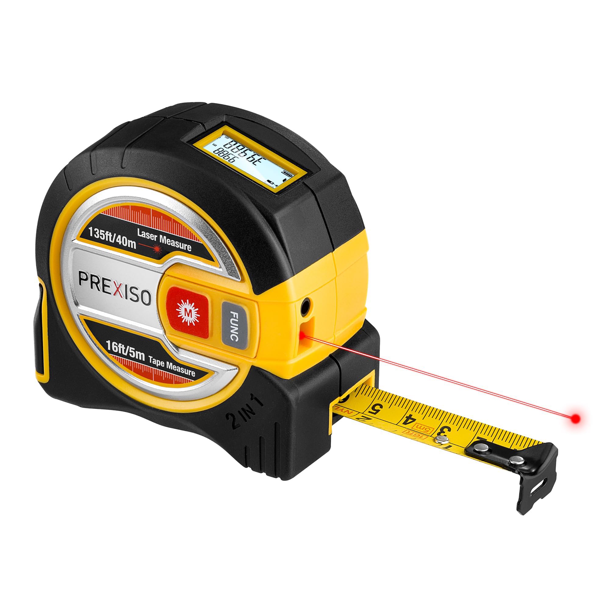Photo 1 of PREXISO 2-in-1 Laser Tape Measure - NOT Digital - 135Ft Laser Measurement Tool & 16Ft Measuring Tape with Auto Lock & Movable Magnetic Hook - Pythagorean, Area, Volume, Ft/Ft+in/in/M Unit-NOT Digital