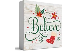 WRSUNT Motivational Believe Winter Merry Christmas Tree Wood Box Sign, Farmhouse Christmas Santa Artwork Decor, Wood Square Sign Desk Block Signs Home Shelf Office Decoration 5 x 5 Inches