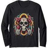 Skull Flowers On Rocker Sunflower Sugar Skull Rock Halloween Long Sleeve T-Shirt