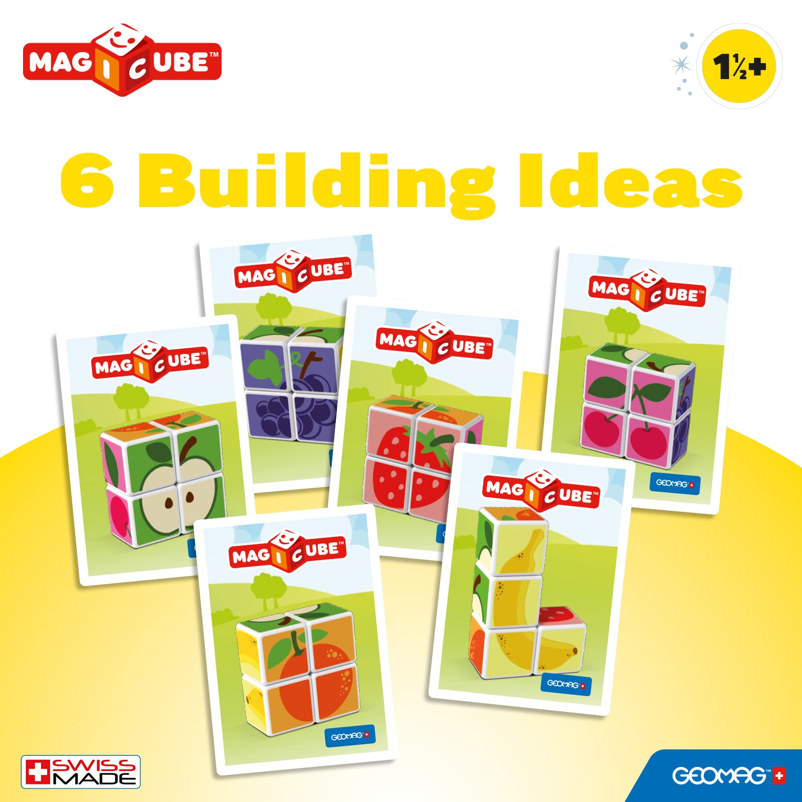 Geomag MagiCube Fruit 4-Piece Magnetic Cubes Building Set, Toddlers & Kids Ages 1.5+, STEM-Endorsed Educational Toy, Swiss-Made, Creativity & Early Learning Fun, 6 Adorable Building Ideas