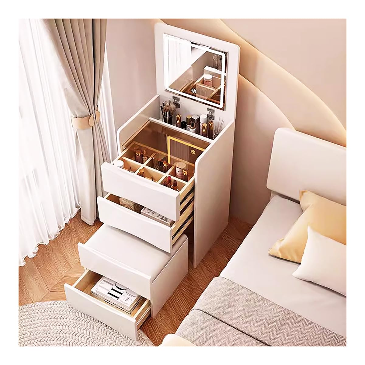 Photo 1 of OXBZKMY Compact Vanity Desk with Flip Top Mirror LED Light & Stool, Small Makeup Vanity with 3 Drawers, Integrity Dressing Table with Storage for Bedroom, Living Room