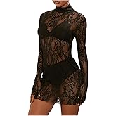 BEAUDRM Women's Lace Mini Dress See Through Sheer Mesh Lingerie Dress Mock Neck Bodycon Dresses Party Outfits Clubwear
