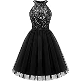 Dressystar Women's Sequin Short Prom Dress Sparkly Halter Tulle Cocktail Party Homecoming Dresses