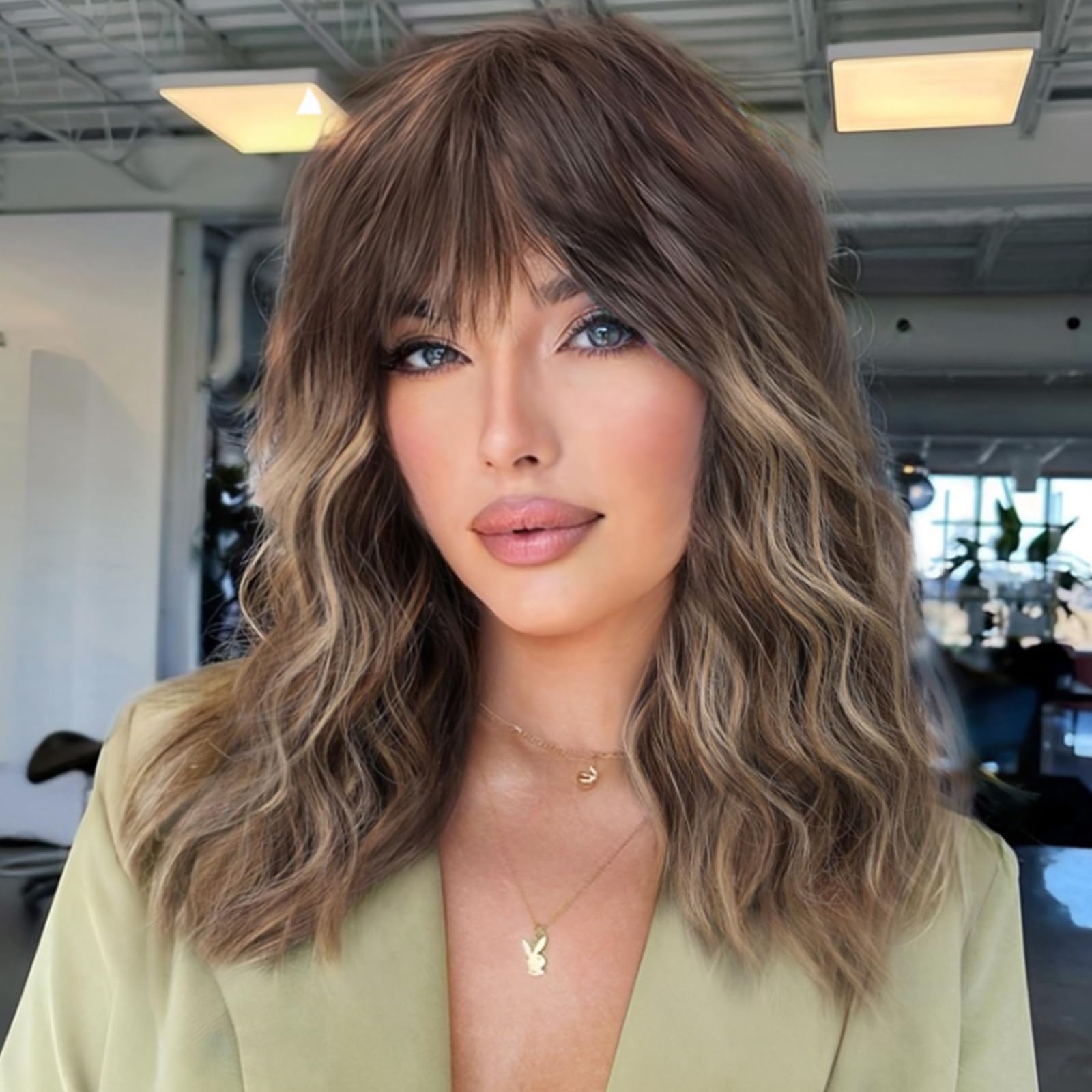 Photo 1 of KOME Brown Curly Bob Wig with Bangs Short Wavy Brown mix Blonde Highlight Wigs for Women Lob Haircut Synthetic Heat Resistant Bob Wigs 14IN…