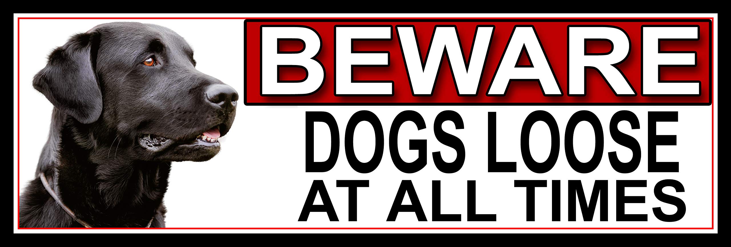 SHAWPRINT Black labrador BEWARE DOGS LOOSE AT ALL TIMES METAL GATE SIGN 266mm x 87mm. (367H2)