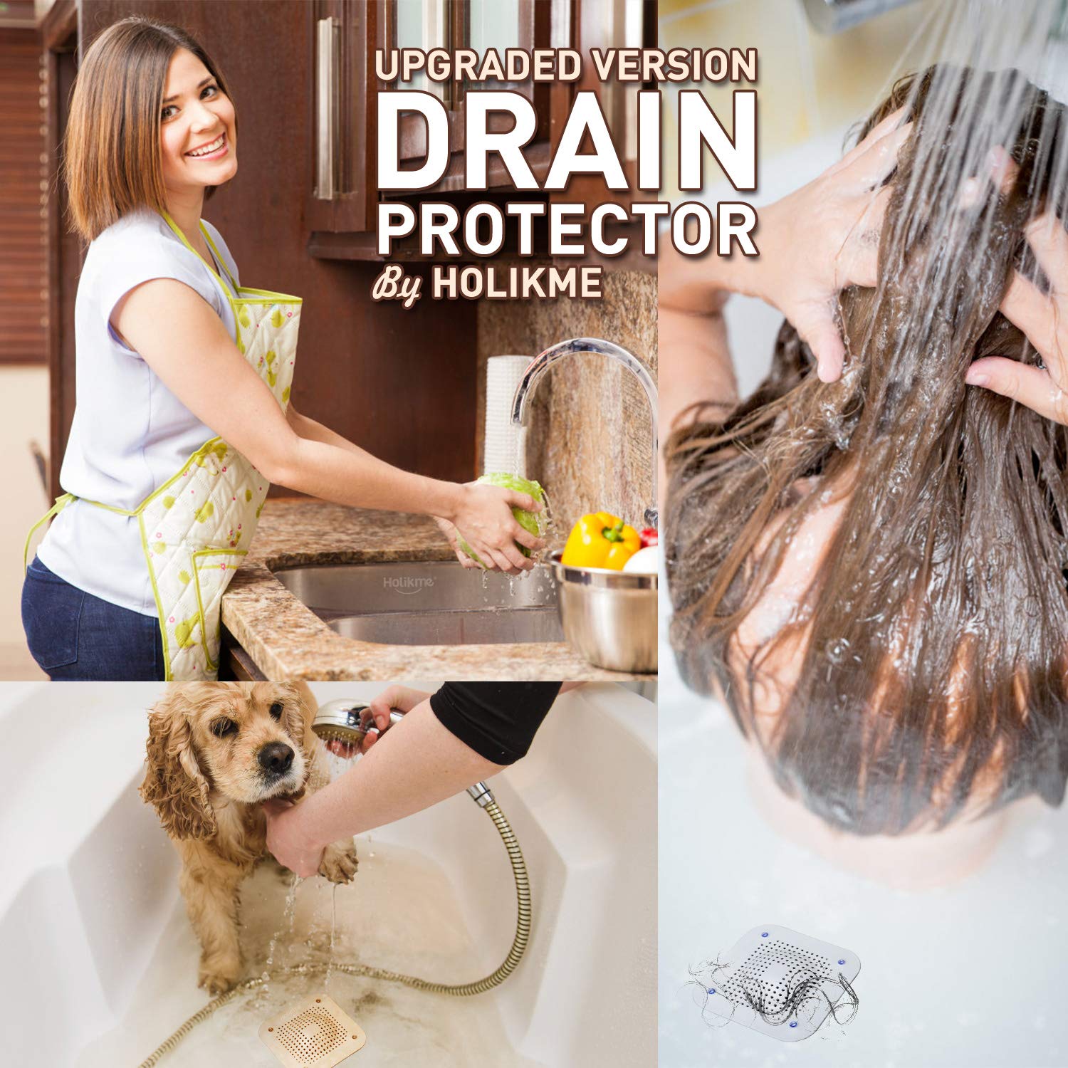 Holikme Drain Hair Catcher Shower Drain Cover, 2 Pack Silicone Drain Protector with 12 Detachable Suckers, Shower Drain Hair Trap for Tub,Bathroom,Kitchen,Bathtub,Sink,Wash Basin, White/Grey