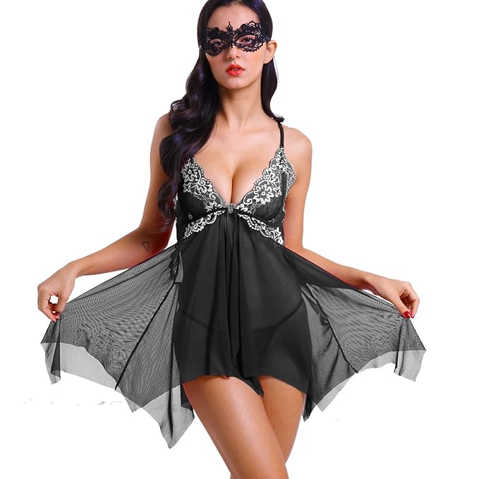 MILANKERR Babydoll Sexy Damen V-Ausschnitt Lingerie Nachtwäsche Sommer und Augenmaske Rot Schwarz