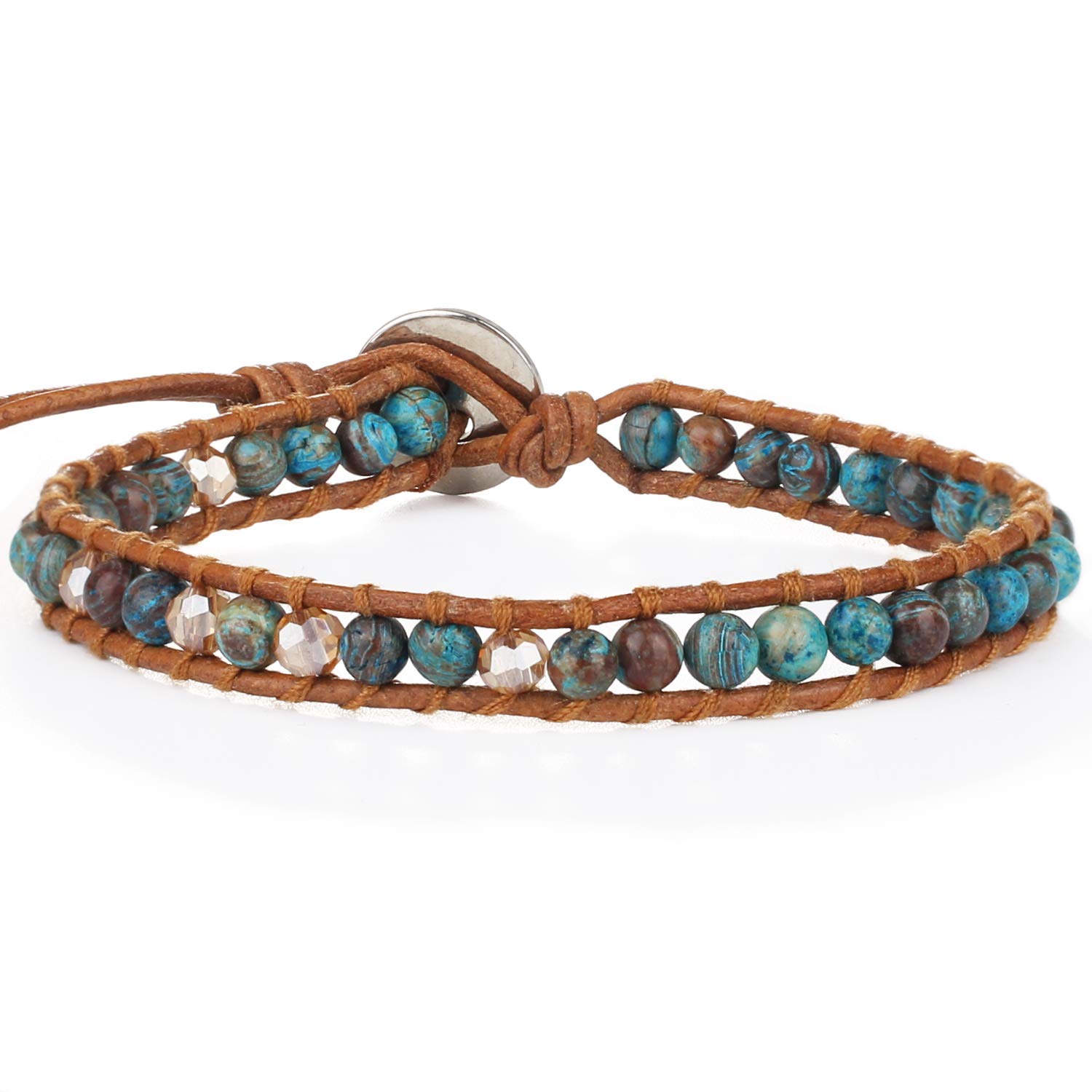 KELITCH Turquoise Crystal Mix Beaded Single Wrap Bracelet on Brown Leather Handwoven New Jewelry (Starry Sky 04)