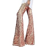 BLENCOT Women's Glitter Sequin Wide Leg Palazzo Pants High Waist Bell Bottoms Party Flared Trousers