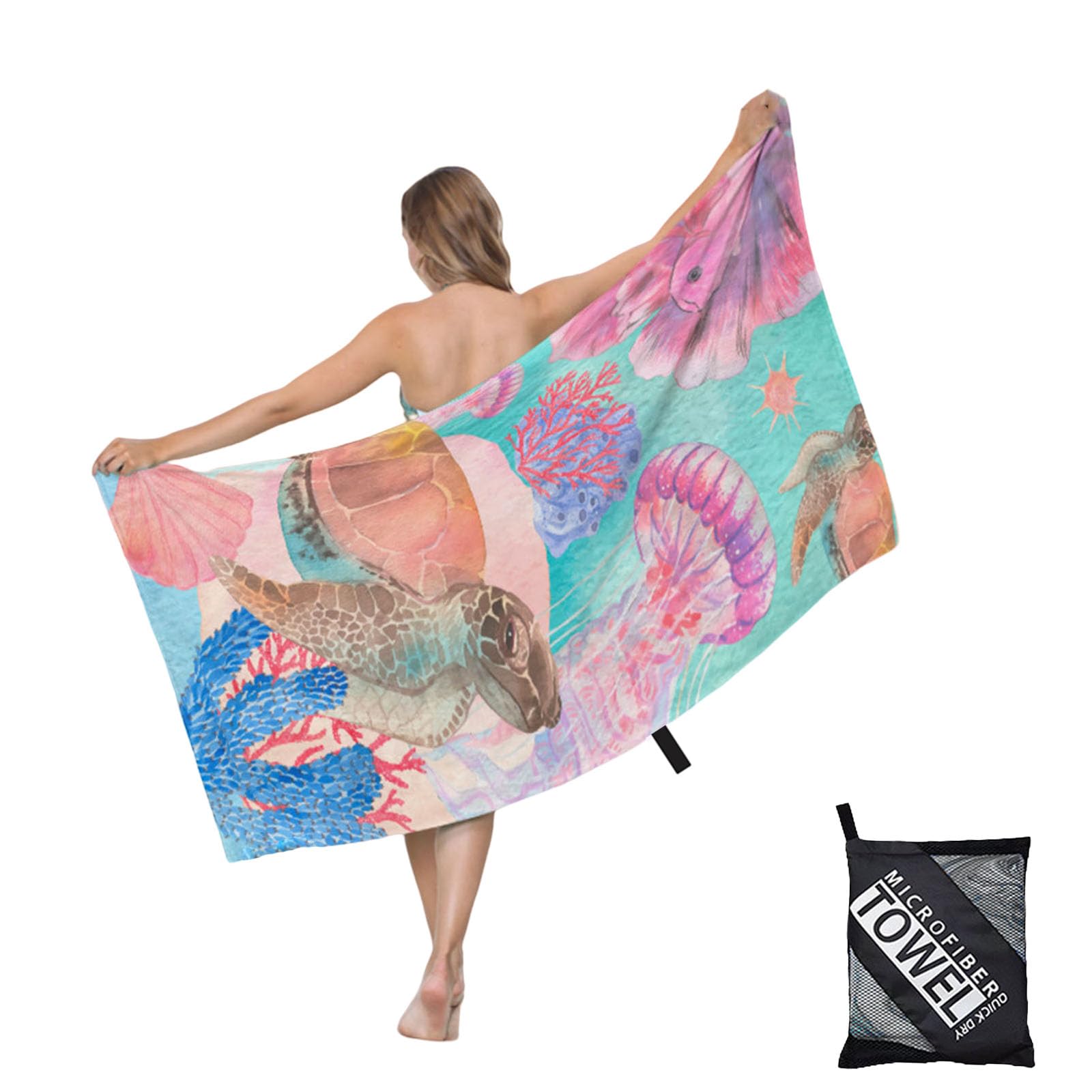 Large Microfibre Pink Turtle Sand Free Travel Swim Towel - 160x90cm, Lightweight Quick Dry, Compact and Thin Sports Beach Towel for Women Men