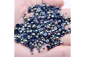 MIOBLET Mixed Size 2/3/4/5/6mm 1000Pcs Imitation Pearls Bead Half Round Flatback Pearl Rhinestones Beads Nail Art Crafts DIY Gem Decoration (13 Black AB)