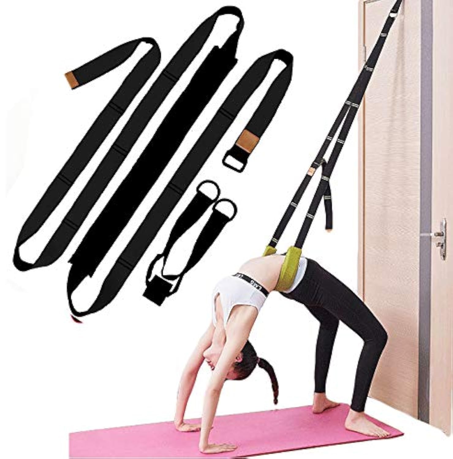 Yoga Fitness Stretching Strap, Door Flexibility Stretching Strap, Improve Leg Waist Back Flexibility Back Bend Assist Trainer, for Rehab Pilates Ballet Dance Cheerleading Splits Gymnastics (black)