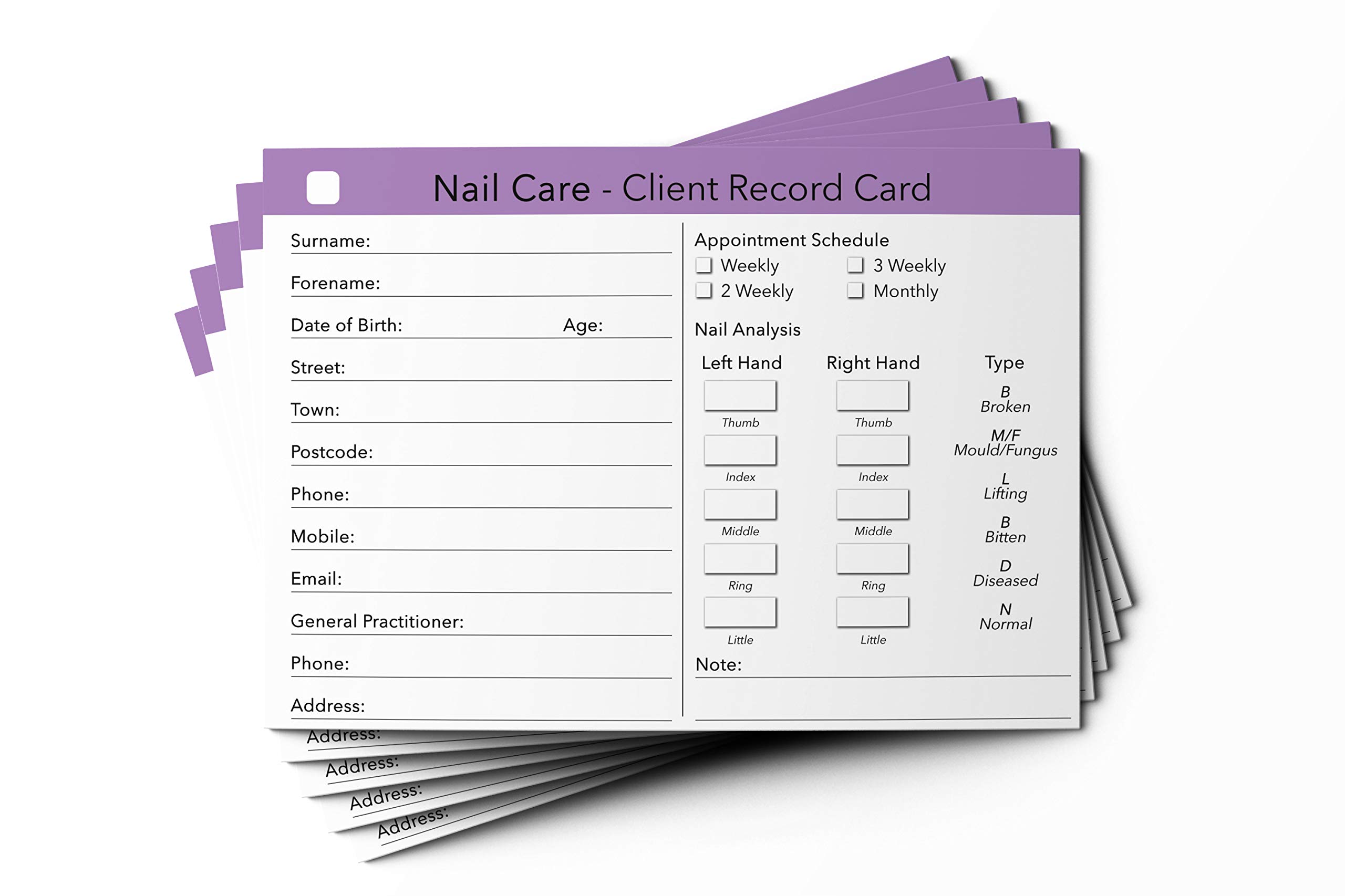 Nail Care Client Cards Salon and Therapist Customer Consultation
