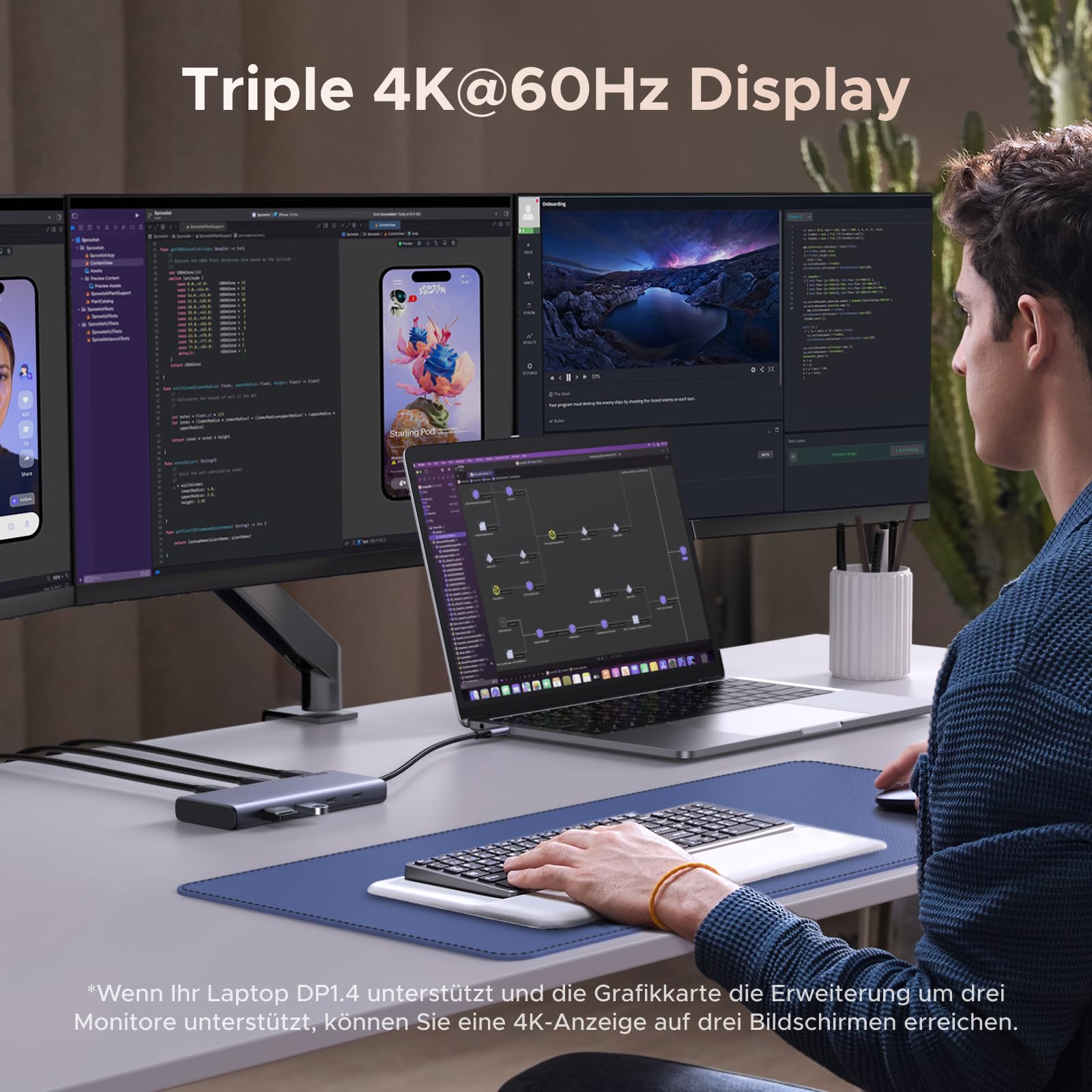 UGREEN Revodok Pro Triple Display Dock USB C Hub 2HDMI DP(4K@60Hz max.), Docking Station mit 10Gbps 4*USB Ports(2*USB A & 2*USB C), PD 100W 3