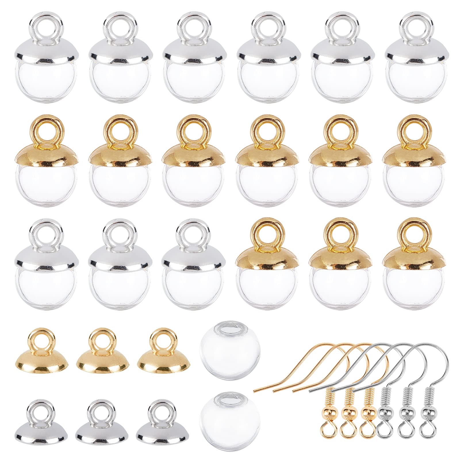 SUNNYCLUE 1 Box 60Pcs 10mm Mini Empty Clear Glass Globe Bottle Wish Glass Ball 60Pcs Plastic Pendant Bails & Earring Hooks for DIY Charms Stud Earring Jewellery Making, Silver & Golden