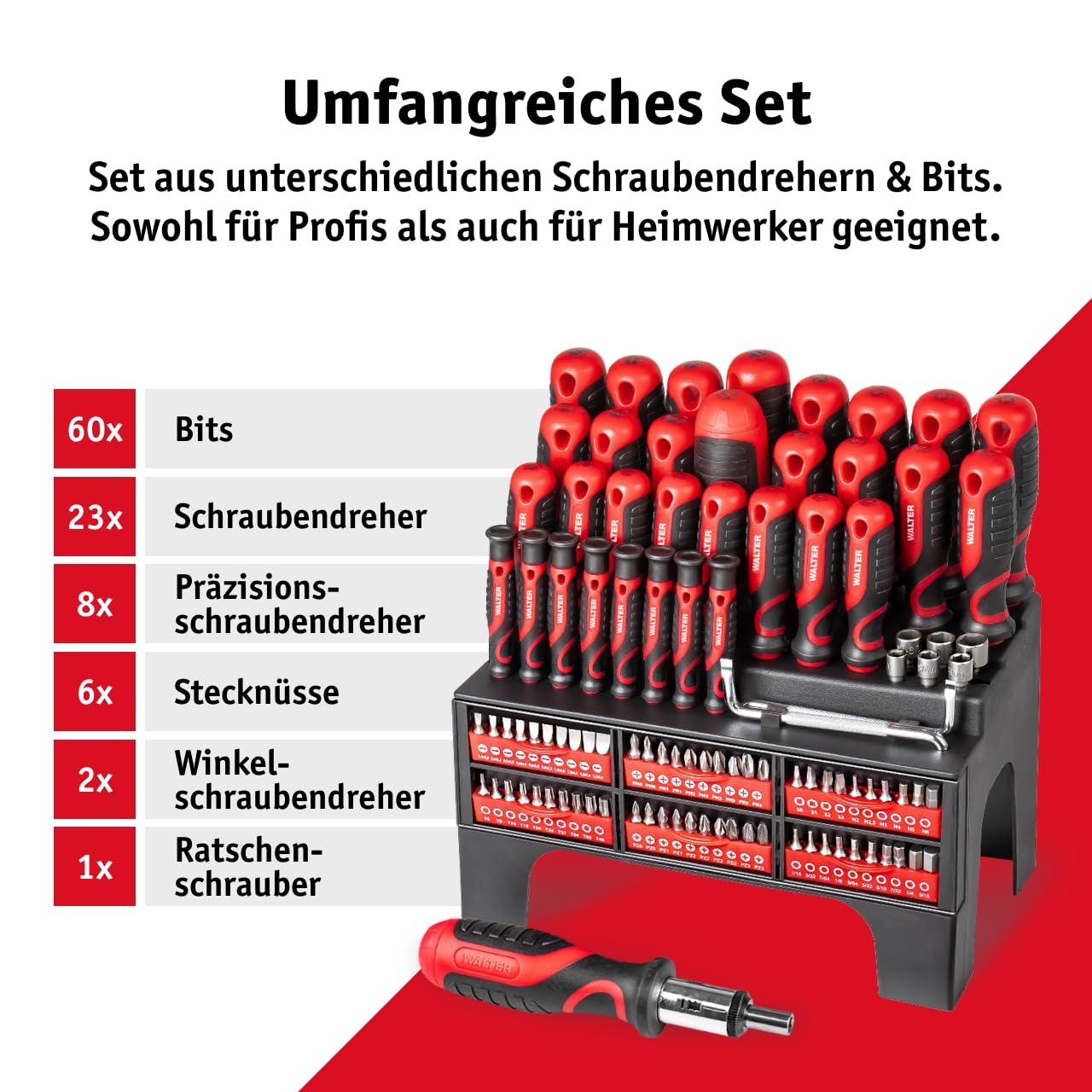 WALTER XXL Schraubendreher- & Bit-Set 100-teilig – Geschenk für Papa, Männer + Handwerker –inkl. Präzisions- & Winkelschraubendreher, Stecknüsse, Ratschen-Schrauber – Kreuzschlitz, Sechskant 2