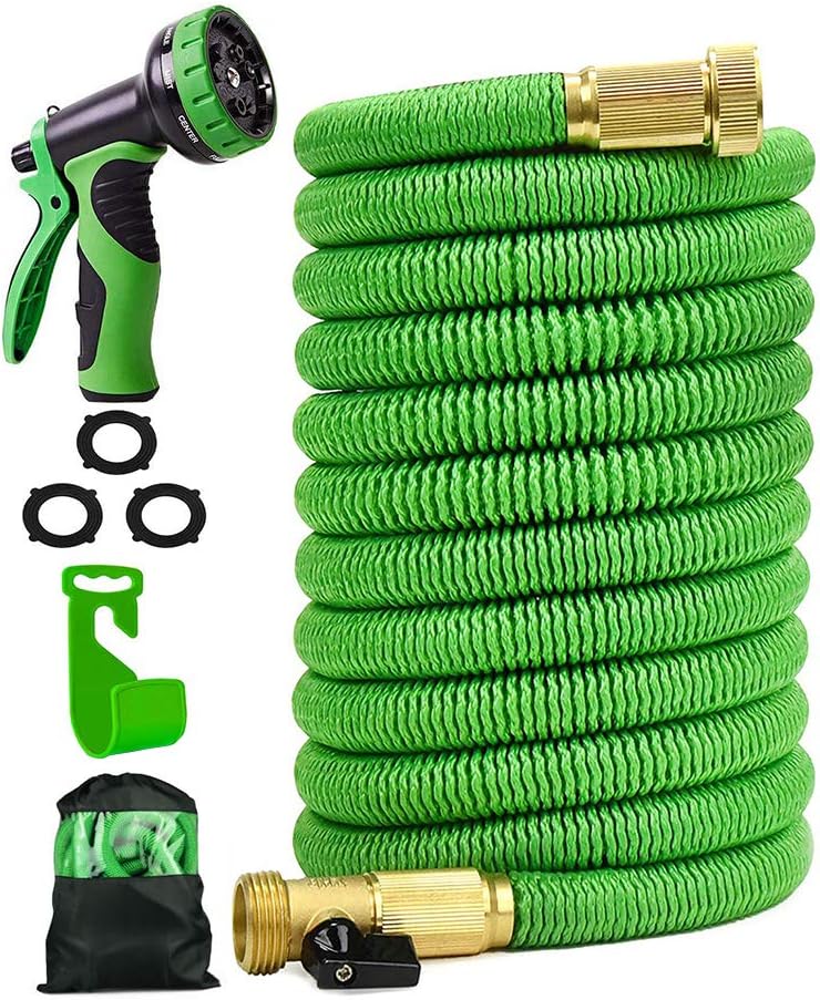 25 ft Garden Hose,Latex Core 3/4 Solid Brass Fittings,Durable Lightweight Expandable Water Hose,9-Mode High Pressure Spray Nozzles,Free Storage Bag + Hook