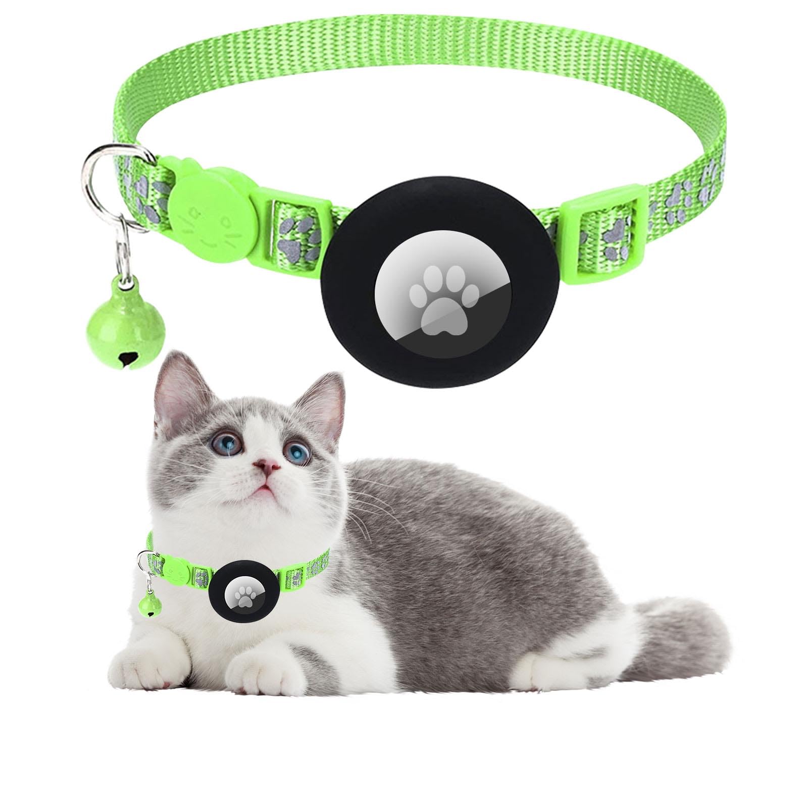 Ledeak Cat Collar with Air Tag Holder, Reflective Lightweight Airtag Cat Collar with Bell and Safety Buckle, Adjustable Quick Release Personalised Kitten Collar for Boy and Girl Cat (Green)