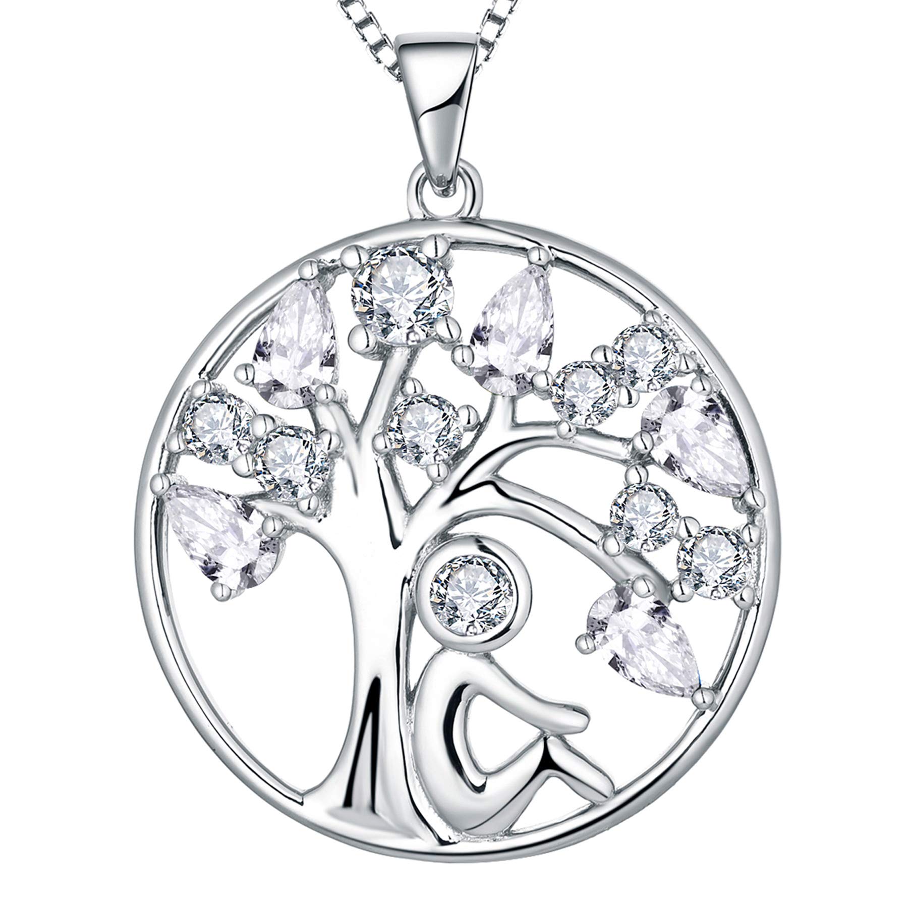 YL Tree of Life Necklace 925 Sterling Silver cut April Birthstone White Cubic Zirconia Family Tree Girl Pendant Necklace for Women,45+5CM