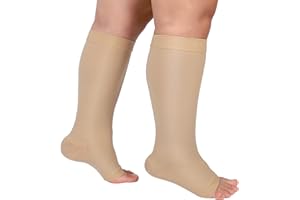 MGANG Plus Size Compression Socks Open Toe for Women Men, Extra Wide Calf 3XL Knee-Hi Compression Stockings, 20-30 mmHg Support Socks Ideal for Varicose Veins, Spider Veins, Lymphedema, Beige 3X-Large