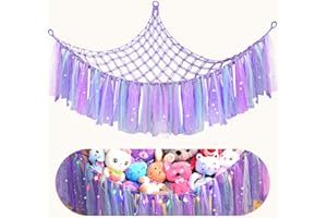 ELTNEGSA Boho Stuffed Animal Hammock with LED Light and Colorful Lace Tassels, Stuffed Animal Storage for Girls Room Decor and Nursery Decor, Stuffed Animal Net for Baby Room Decor(Purple)