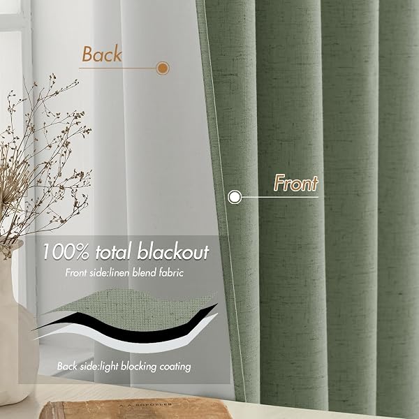 EMEMA OLIVE GREEN LINEN BLACKOUT CURTAINS 96 INCHES LONG 2 PANELS SET FOR BEDROOM BACK TAB THERMAL INSULATED 100% BLACK OUT DRAPES PINCH PLEATED HOOKS ROOM DARKENING WINDOW CURTAIN FOR LIVING ROOM