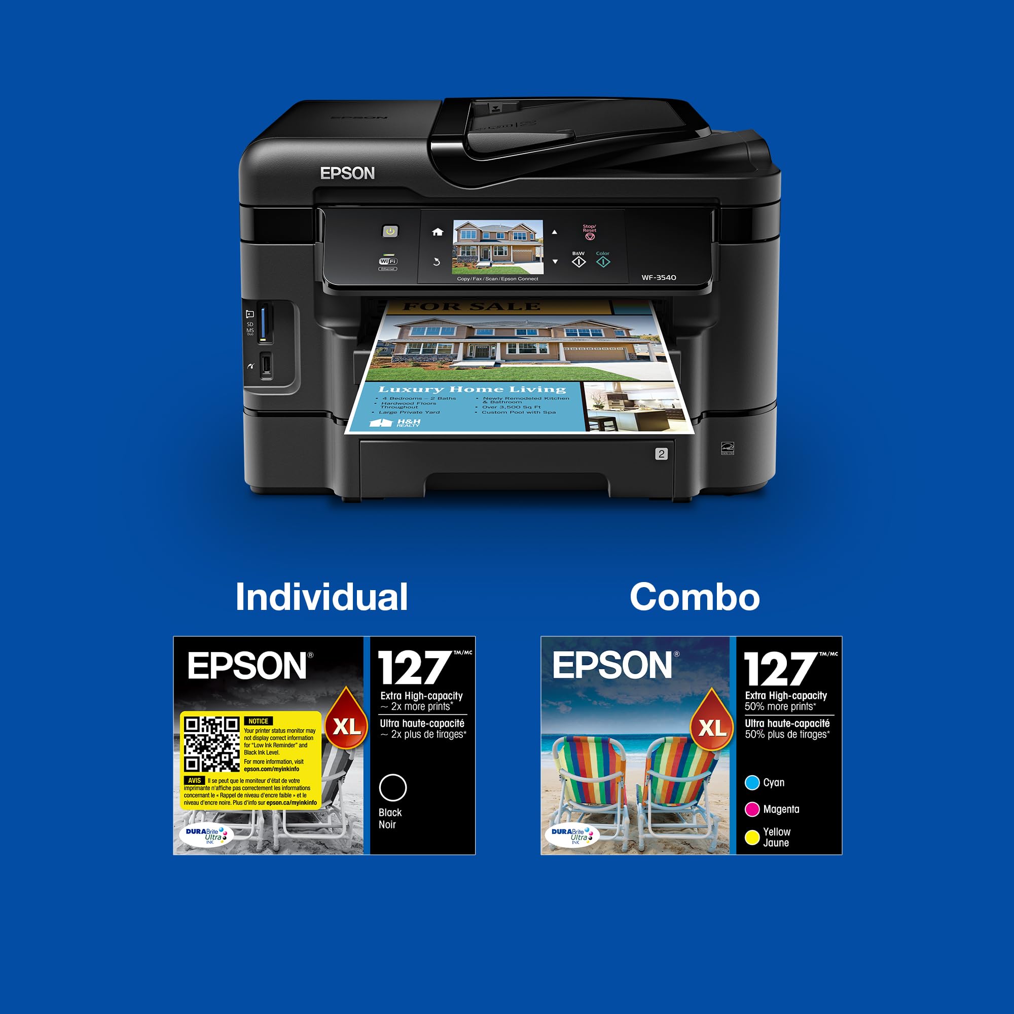 Epson 127 DURABrite Ultra Ink Black & Color Combo Pack For NX-530, NX-625, WF-3520, WF-3530, WF-3540, WF-545, WF-60, WF-630, WF-633, WF-635, WF-645, WF-7010, WF-7510, WF-7520, WF-840, WF-845