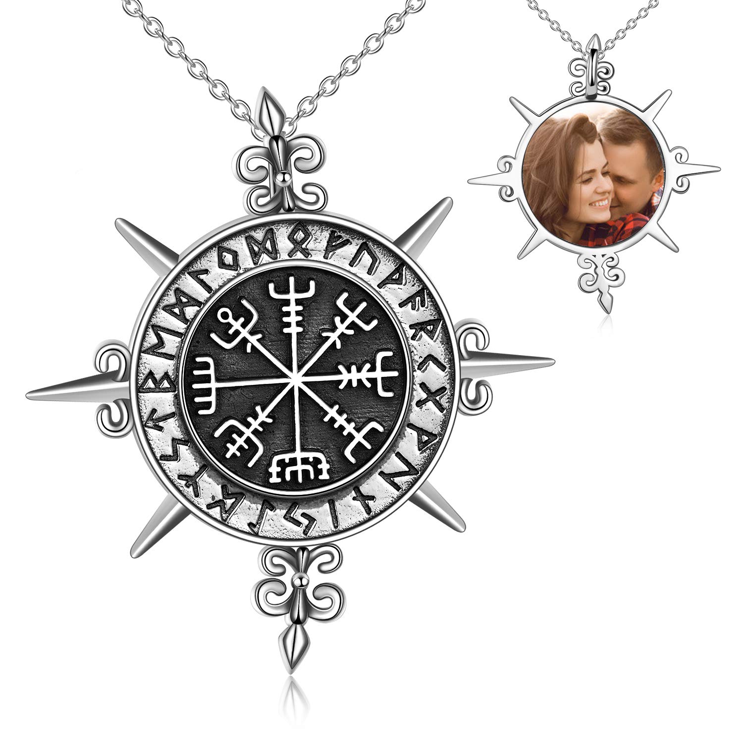 ONEFINITY Sterling Silver Compass Locket Pendant Necklace for Women Men Viking Vegvisir Talisman Rune Holds Pictures Jewellery Gift