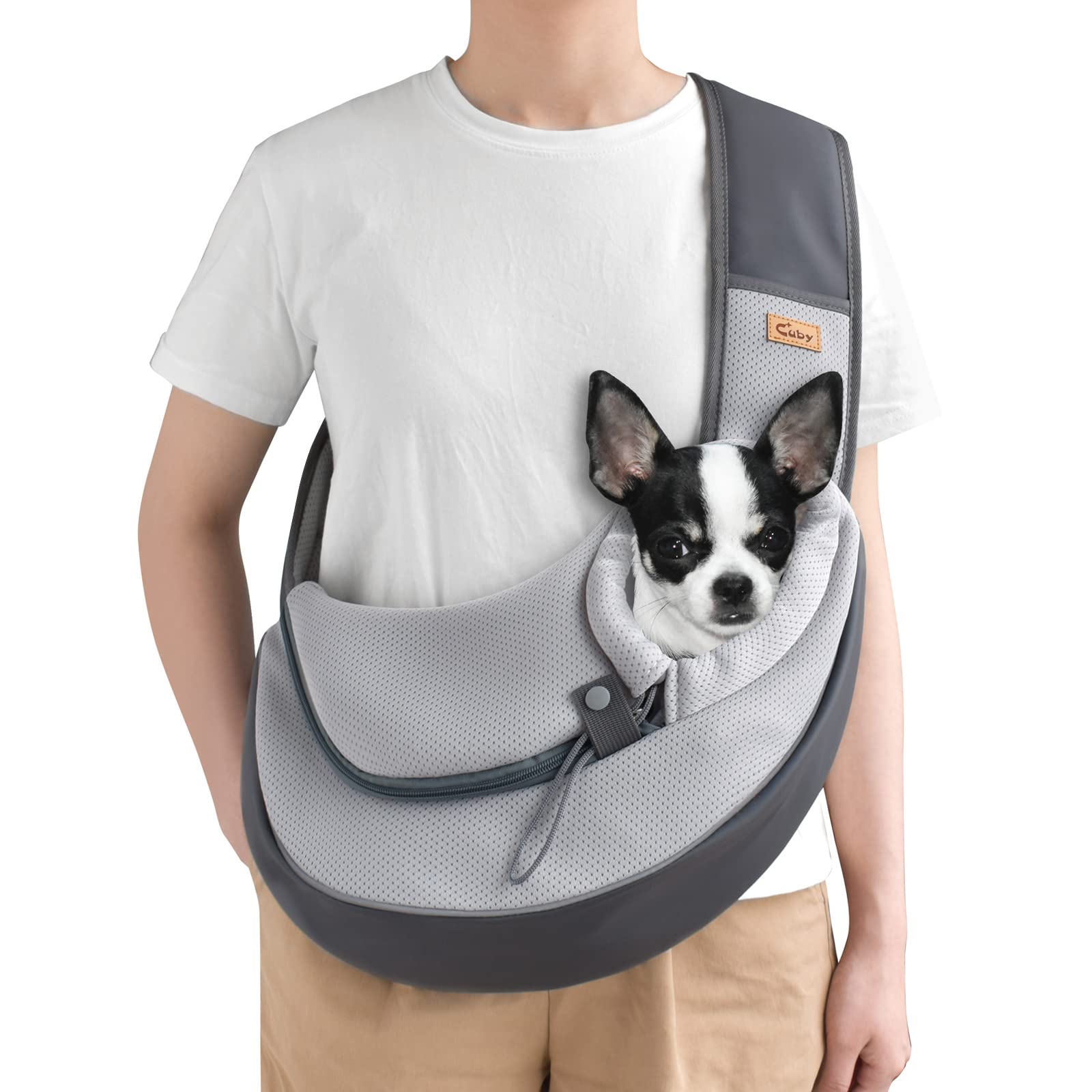 CUBY Pet Sling Carrier for Puppy Dog, Dogs Sling Carrier Breathable, Safety Front Pocket Pet Sling Carrier, Hands-Free Mesh Bag with Adjustable Shoulder Strap for Outdoor and Travel (Grey, L)