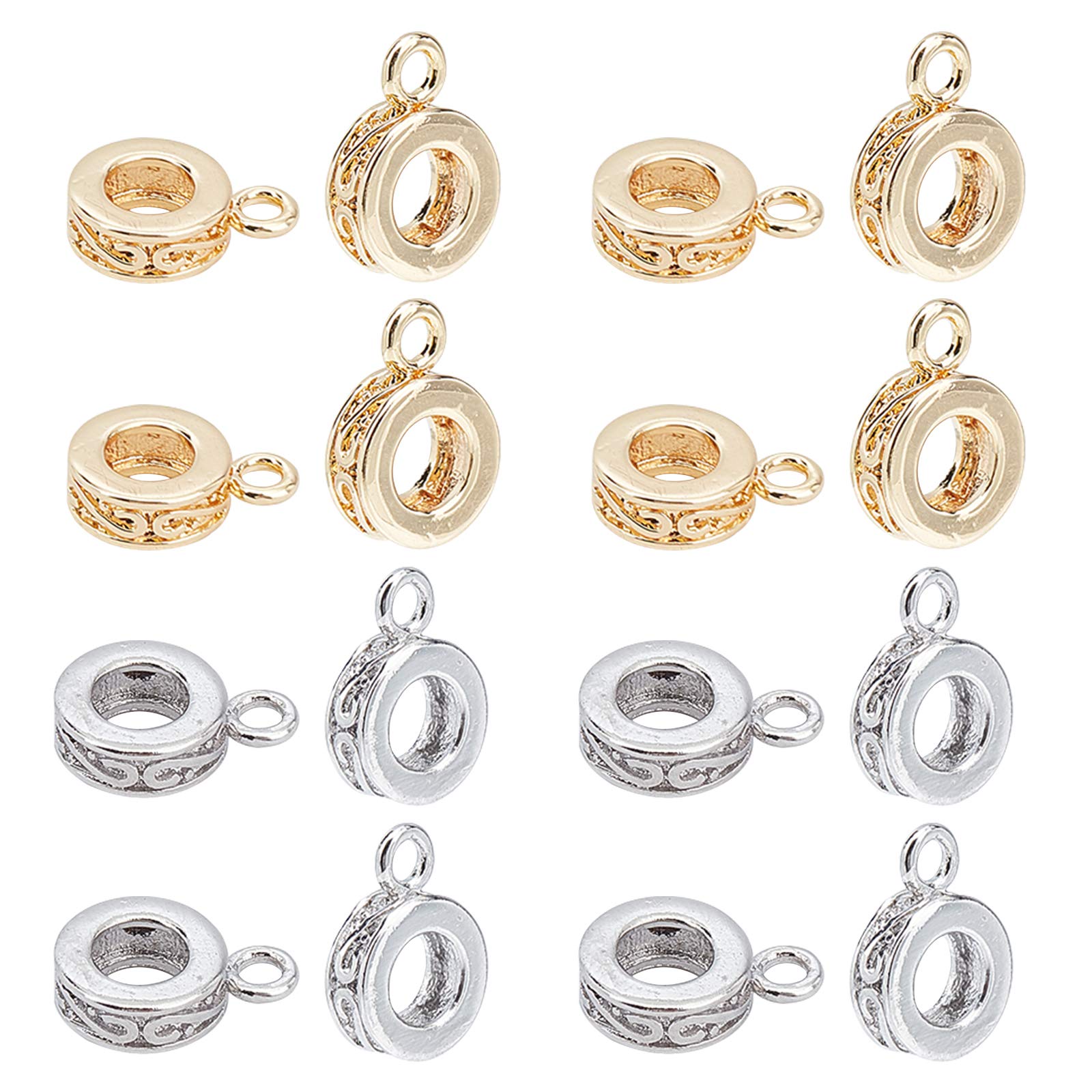 SUPERFINDINGS 20PCS 7.5mm Light Gold & Platinum Brass Hanger Links Donut Charm Links Pendant Bail Carrier Beads for Dangle Jewelry Necklace Bracelet Making, Hole 1.5mm