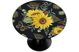 PARDICK Round Fitted Tablecloth with Elastic Sunflower Flower Elastic Table Cover Sunflower Round Elastic Tablecloth for Round Table, Waterproof Wipeable Fitted Table Cloth, Fits Table up to 45"-56" Diameter