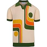OXKNIT Mens Knit Polo Shirts 1960s Mod Style Vintage Short Sleeve Shirt with Geometrical Design