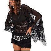 Women Sheer Mesh Floral Lace Shirt Boho Loose Fit Batwing Sleeve Blouse Fairy Flowy Ruffled Poncho Top Streetwear