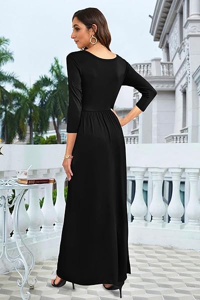 WNEEDU WOMEN’S 3/4 SLEEVE SOLID LOOSE CASUAL HOLIDAY MAXI DRESSES WITH POCKETS (S,BLACK)