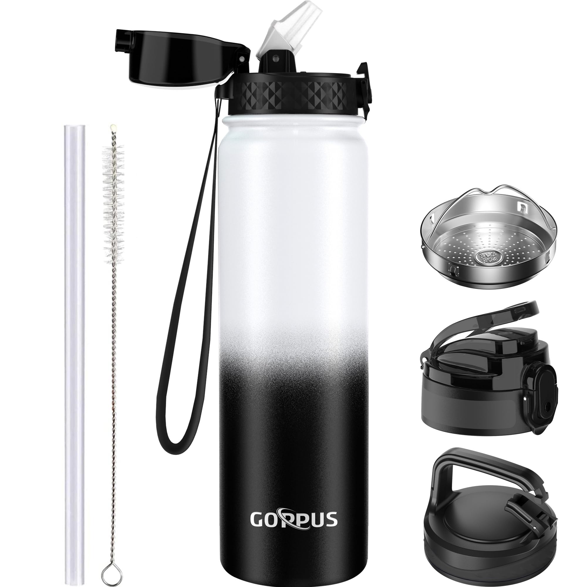 GOPPUS 1L/32oz Stainless Water Bottle with Straw Double Wall Insulated Bottles with Strap Reusable Vacuum Thermal Flask Leakproof Keep Cold Drinks Bottles with Flip Top Lid for Gym Men Women BPA Free