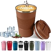 YINBAOGE Insulated Travel Coffee Mug, Spill & Leak Proof, Portable To Go Camping Stainless Steel Coffee Tumbler, Reusable Thermal Coffee Cup with Lid for Hot & Cold Drinks (Brown, 12 OZ)