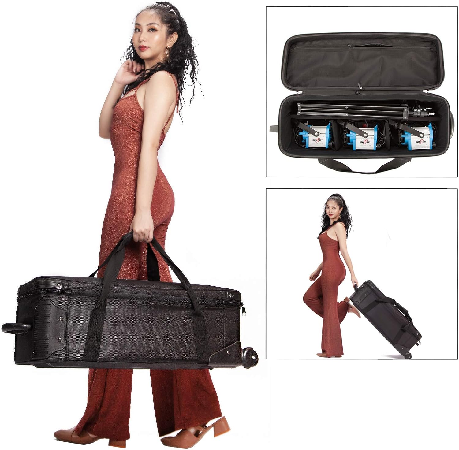 Studio Equipment Trolley Carry Case 31.5 Inches with Straps Padded Compartment Wheel for Tripod Light Stand Strobe Light Umbrella Flash Photography