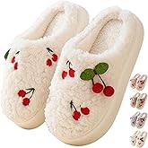 iwhgrmp Women's Cherry Slippers Cozy Winter Warm Fuzzy Slippers with Non-Slip Sole Cute Indoor Home Slip On Plush Bedroom House Shoes Gifts